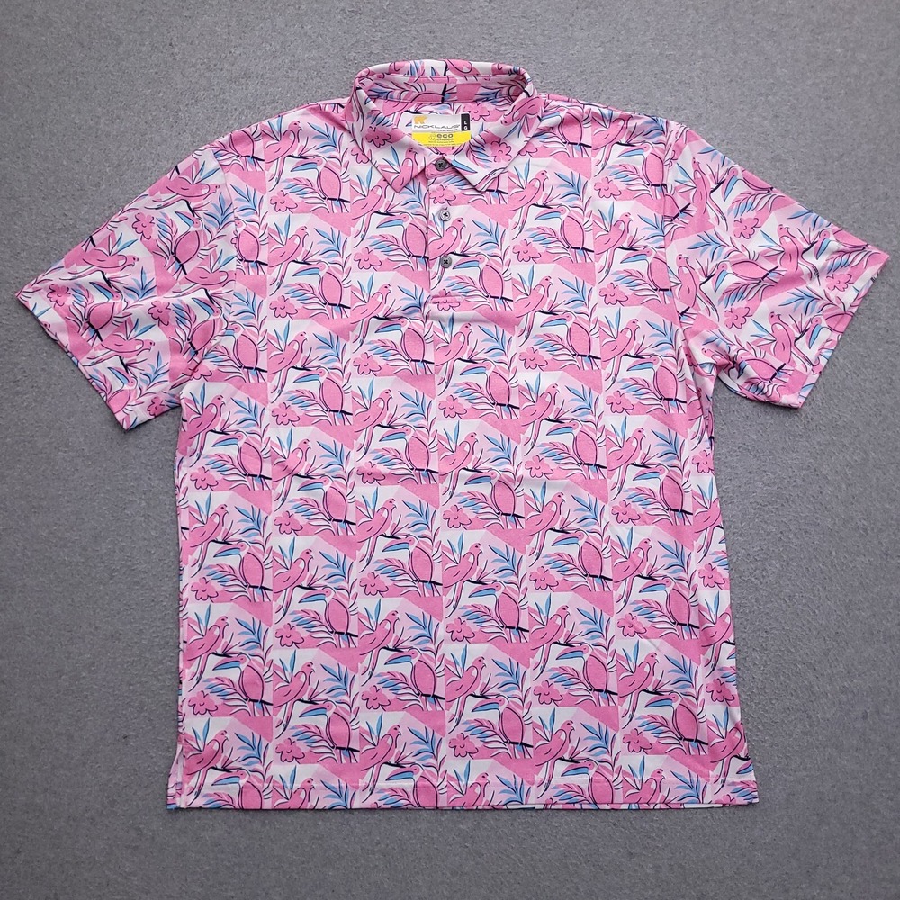 Jack Nicklaus Polo Shirt Mens L Golf Performance Wicking Bird Parrot AOP
